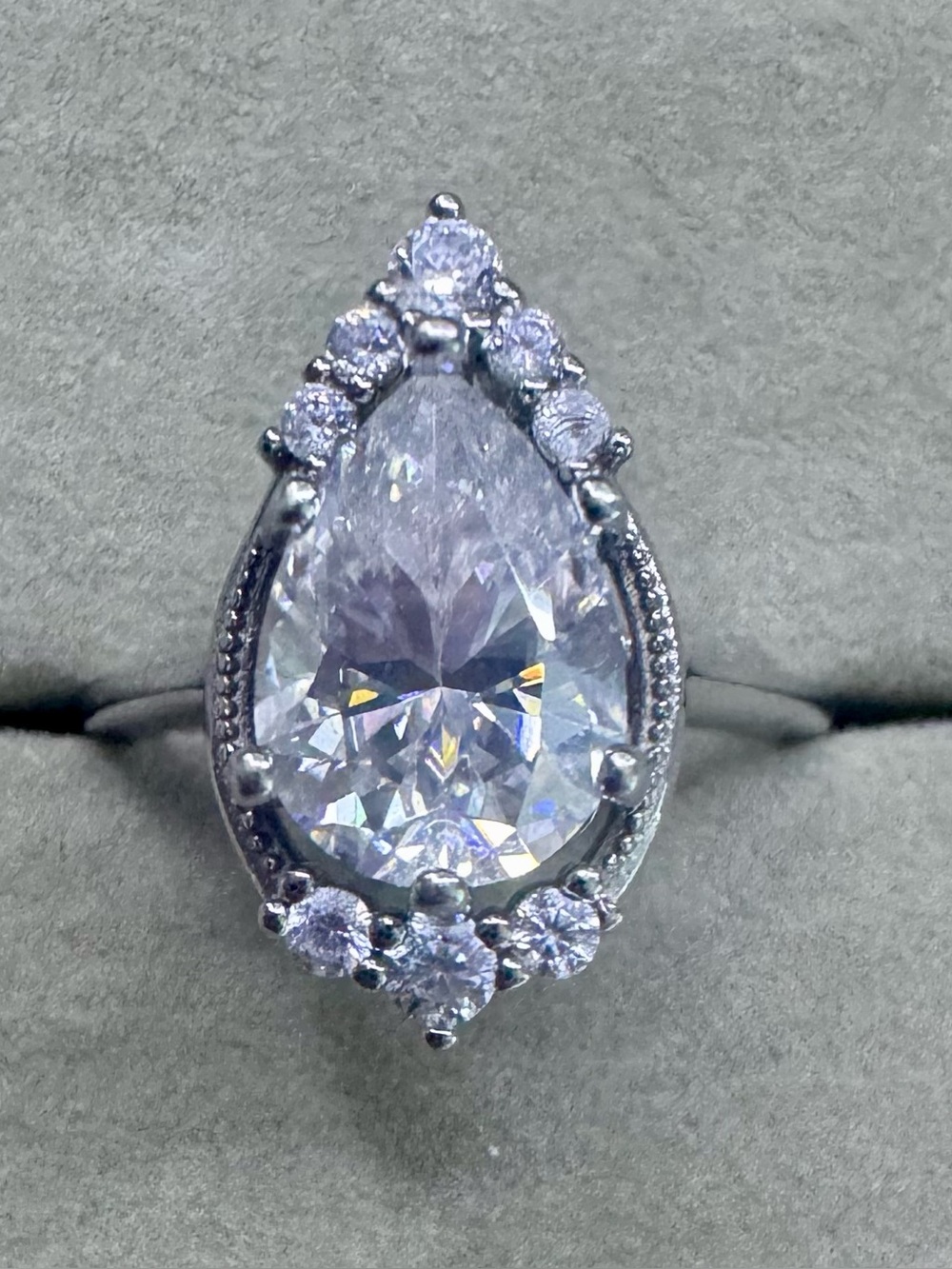 2ct Pear Cut Moissanite Halo Ring Size 6 Sterling Silver
